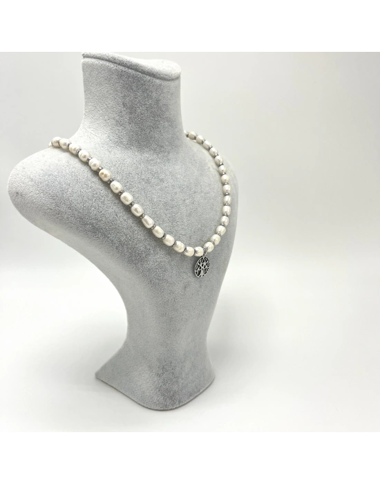 Sertifikalı Gerçek İnci Çelik Hayat Ağacı Aparatlı 925 Ayar Gümüş Kolye - Uzatma Zincirli