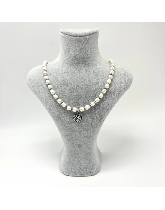 Sertifikalı Gerçek İnci Çelik Hayat Ağacı Aparatlı 925 Ayar Gümüş Kolye - Uzatma Zincirli