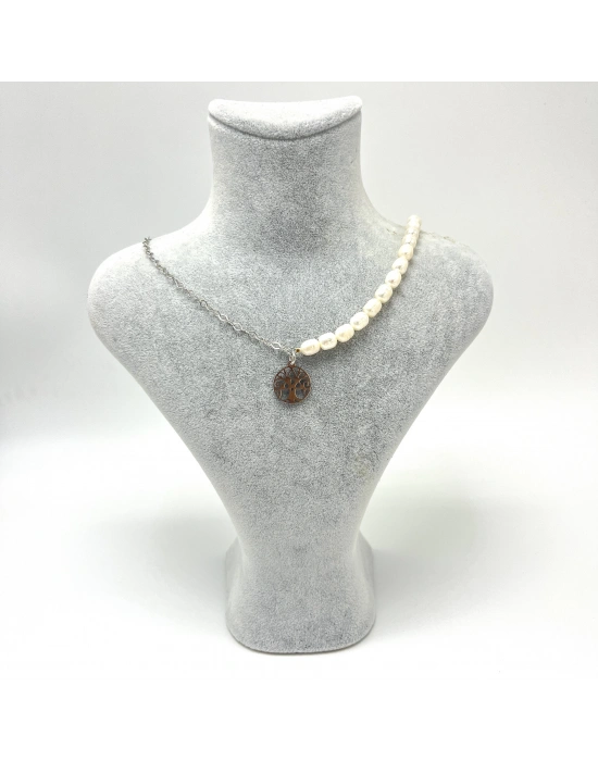 Sertifikalı Gerçek İnci Çelik Hayat Ağacı Aparatlı 925 Ayar Gümüş Kolye - Uzatma Zincirli