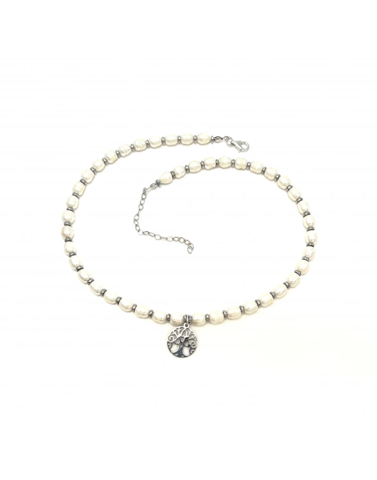 Sertifikalı Gerçek İnci Çelik Hayat Ağacı Aparatlı 925 Ayar Gümüş Kolye - Uzatma Zincirli