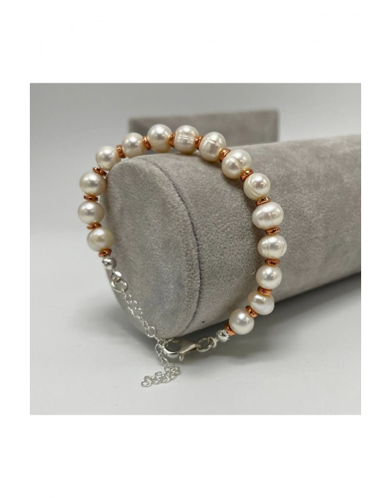 SERTİFİKALI Gerçek İnci Hematit 925 Ayar Gümüş Bileklik Uzatma Zincirli