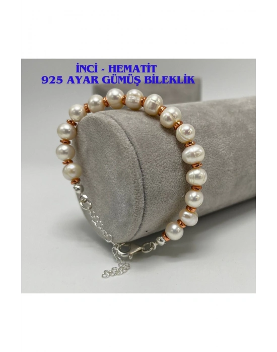 SERTİFİKALI Gerçek İnci Hematit 925 Ayar Gümüş Bileklik Uzatma Zincirli