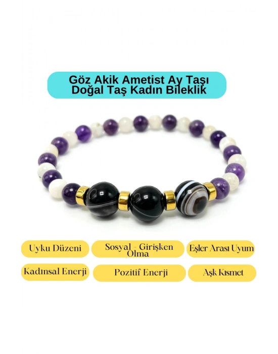 Sertifikalı Göz Akik -Ametist - Ay Taşı Doğal Taş Kadın Bileklik Misinalı