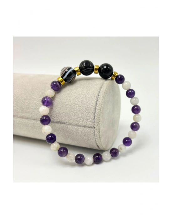 Sertifikalı Göz Akik -Ametist - Ay Taşı Doğal Taş Kadın Bileklik Misinalı