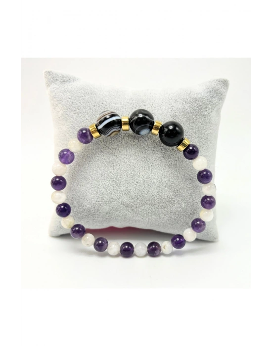 Sertifikalı Göz Akik -Ametist - Ay Taşı Doğal Taş Kadın Bileklik Misinalı