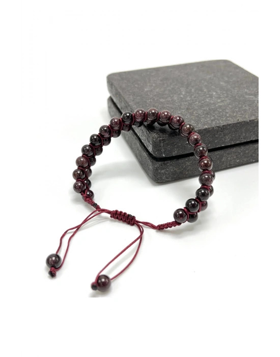 SERTİFİKALI Granat Lal Çift Sıra Doğal Taş Makrome Bileklik Ayarlanabilir Ölçü
