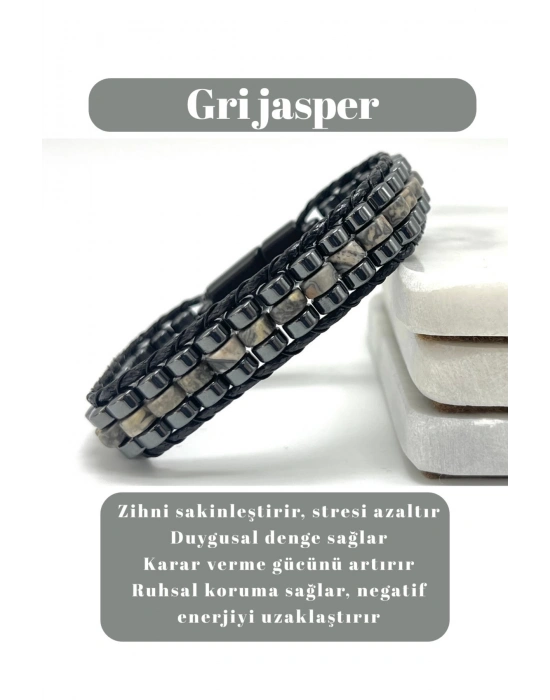 Sertifikalı Gri Jasper Disk Model Doğal Taş Erkek Bileklik Kilitli Kapama