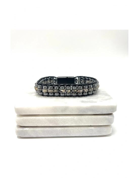 Sertifikalı Gri Jasper Disk Model Doğal Taş Erkek Bileklik Kilitli Kapama