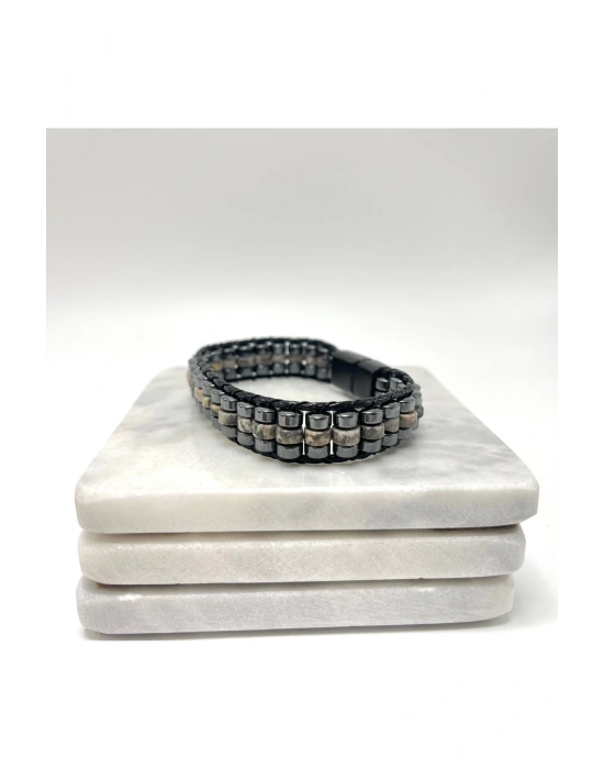 Sertifikalı Gri Jasper Disk Model Doğal Taş Erkek Bileklik Kilitli Kapama