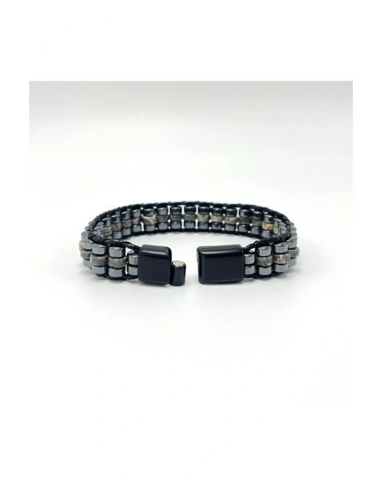 Sertifikalı Gri Jasper Disk Model Doğal Taş Erkek Bileklik Kilitli Kapama