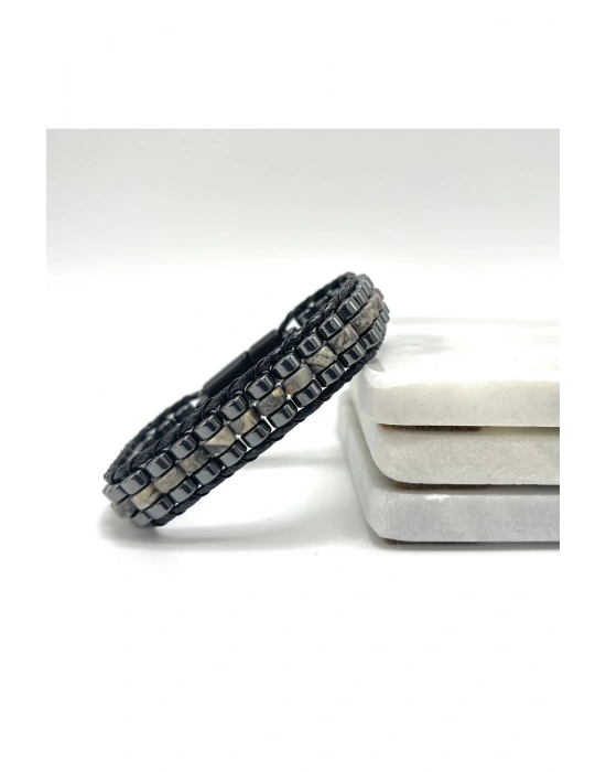 Sertifikalı Gri Jasper Disk Model Doğal Taş Erkek Bileklik Kilitli Kapama