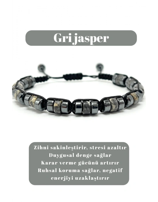 Sertifikalı Gri Jasper Disk Model Doğal Taş Makrome Bileklik Ayarlanabilir Ölçü