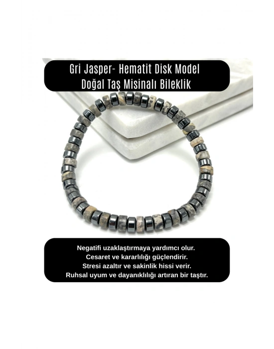 SERTİFİKALI Gri Jasper - Hematit Disk Model Doğal Taş Misinalı Bileklik