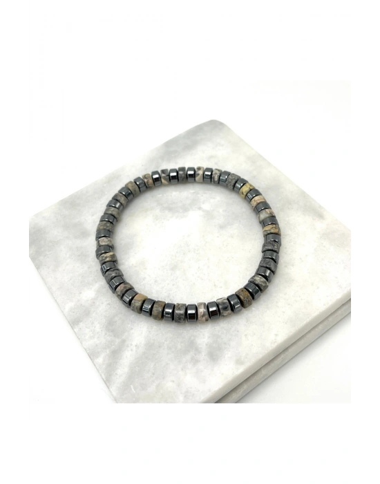 SERTİFİKALI Gri Jasper - Hematit Disk Model Doğal Taş Misinalı Bileklik