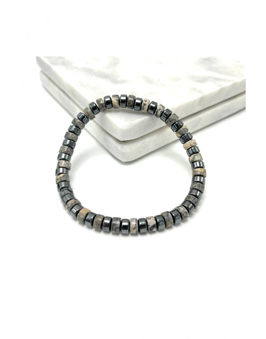 SERTİFİKALI Gri Jasper - Hematit Disk Model Doğal Taş Misinalı Bileklik