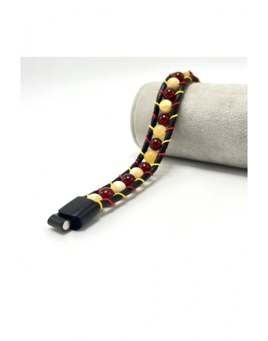 Sertifikalı GS Kalın Deri Doğal Taş Bileklik Kilit Kapama Kalsit ve Akik Taşı