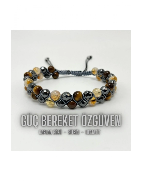SERTİFİKALI Güç Bereket Özgüven Bilekliği - Sitrin - Hematit - Kaplan Gözü