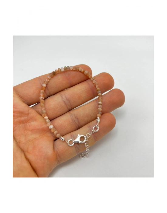 SERTİFİKALI Güneş Taşı 4mm 925 Ayar Gümüş Doğal Taş Bileklik Uzatma Zincirli