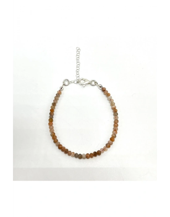 SERTİFİKALI Güneş Taşı 4mm 925 Ayar Gümüş Doğal Taş Bileklik Uzatma Zincirli