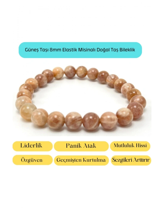 Sertifikalı Güneş Taşı 8mm Elastik Misinalı Doğal Taş Bileklik