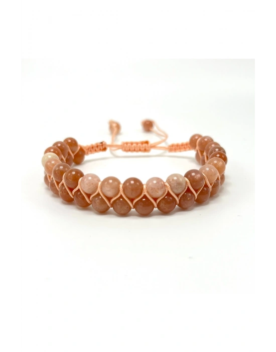 SERTİFİKALI Güneş Taşı Çift Sıra Doğal Taş Makrome Bileklik Ayarlanabilir Ölçü