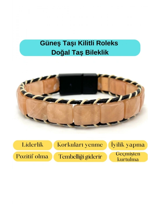 Sertifikalı Güneş Taşı Kilit Kapama Roleks Doğal Taş Deri Bileklik