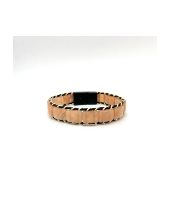 Sertifikalı Güneş Taşı Kilit Kapama Roleks Doğal Taş Deri Bileklik