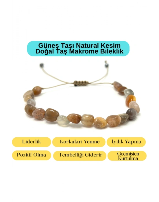 Sertifikalı Güneş Taşı Natural Kesim Makrome Doğal Taş Bileklik Ayarlanabilir Ölçü