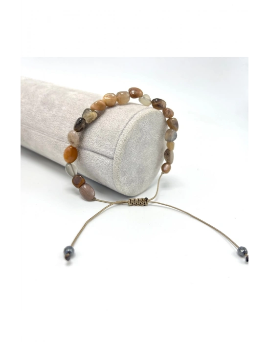 Sertifikalı Güneş Taşı Natural Kesim Makrome Doğal Taş Bileklik Ayarlanabilir Ölçü