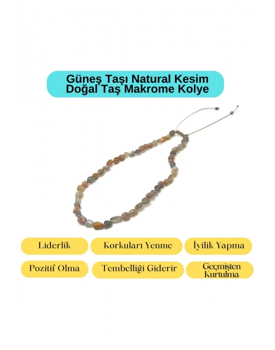 Sertifikalı Güneş Taşı Natural Kesim Makrome Doğal Taş Kolye Ayarlanabilir Ölçü