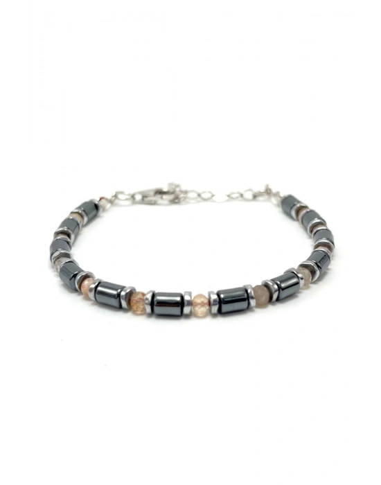 Sertifikalı Güneş Taşı ve Hematit  925 Ayar Doğal Taş Gümüş Bileklik 4mm