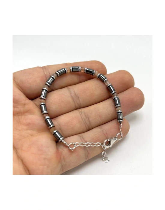 Sertifikalı Güneş Taşı ve Hematit  925 Ayar Doğal Taş Gümüş Bileklik 4mm