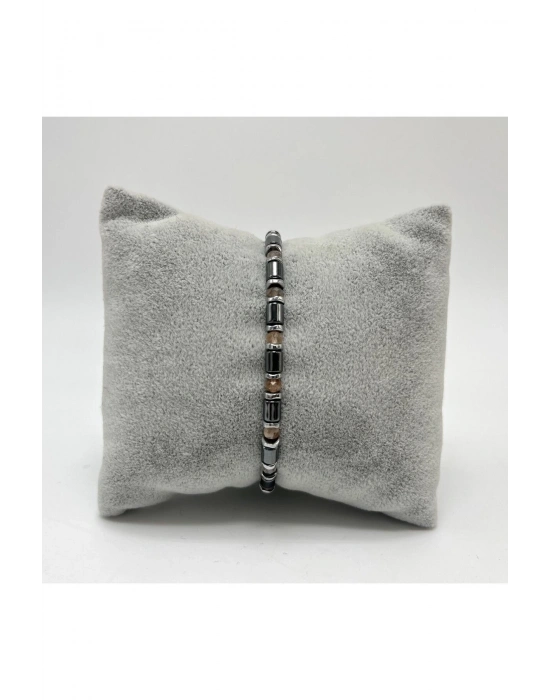 Sertifikalı Güneş Taşı ve Hematit  925 Ayar Doğal Taş Gümüş Bileklik 4mm