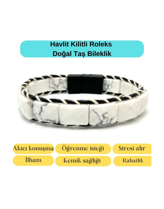 Sertifikalı Havlit Kilit Kapama Roleks Doğal Taş Deri Bileklik