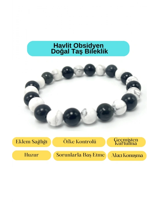 Sertifikalı Havlit Obsidyen Doğal Taş Misinalı Bileklik 8mm