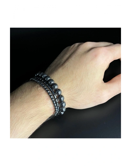 SERTİFİKALI  Hematit 3lü Kombin Makrome Doğal Taş Bileklik