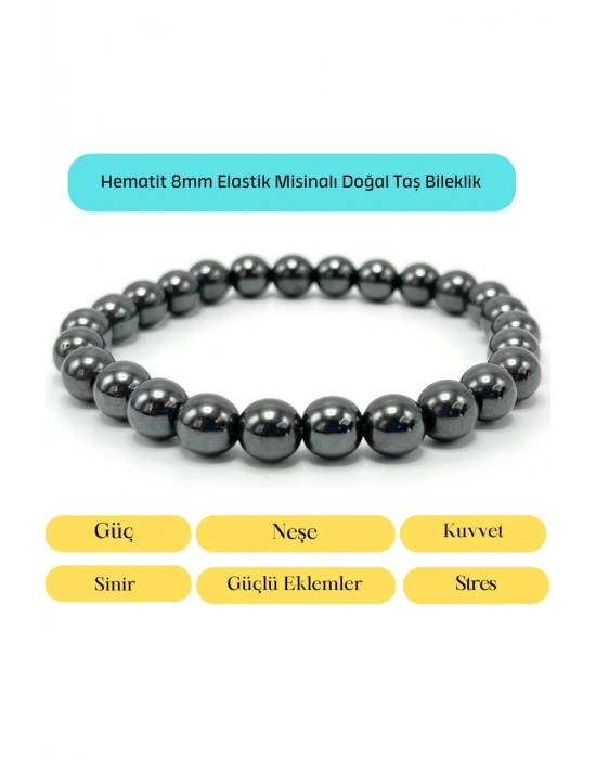 Sertifikalı Hematit 8mm Elastik Misinalı Doğal Taş Bileklik