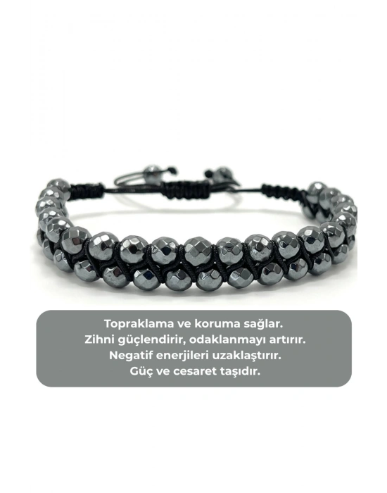 SERTİFİKALI Hematit Çift Sıra Doğal Taş Makrome Bileklik Ayarlanabilir Ölçü