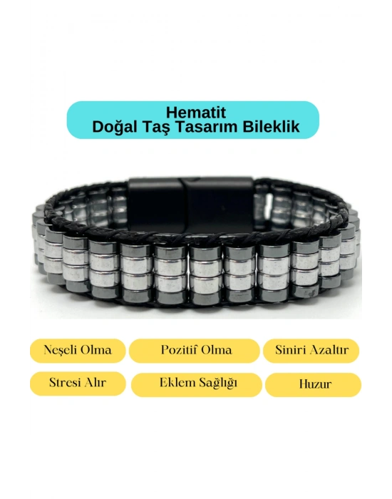 Sertifikalı Hematit Doğal Taş Tasarım Erkek Bileklik