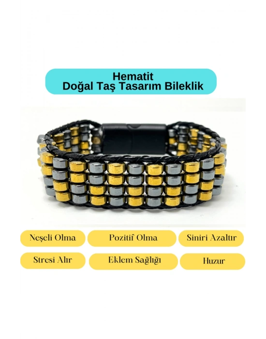 Sertifikalı Hematit Doğal Taş Tasarım Erkek Bileklik Gold ve Siyah Renk 2li Dizim