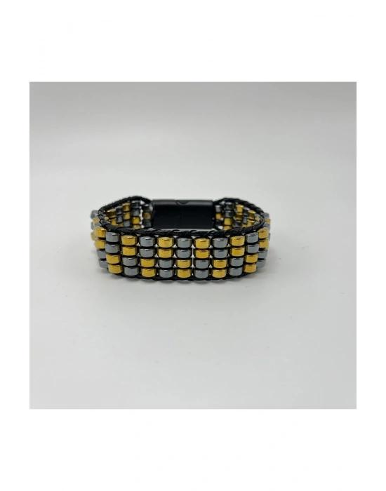 Sertifikalı Hematit Doğal Taş Tasarım Erkek Bileklik Gold ve Siyah Renk 2li Dizim