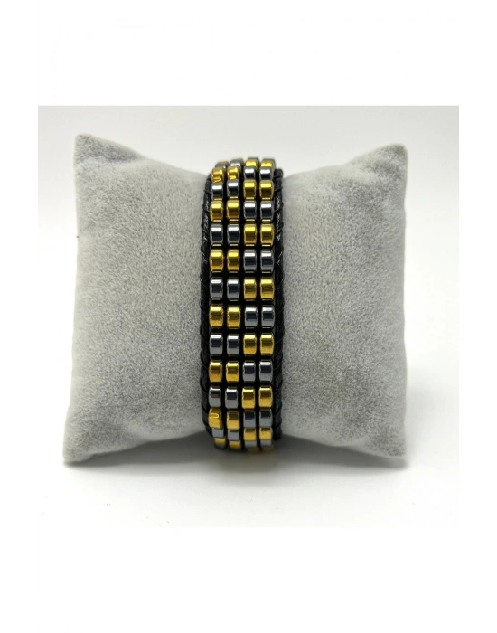 Sertifikalı Hematit Doğal Taş Tasarım Erkek Bileklik Gold ve Siyah Renk 2li Dizim