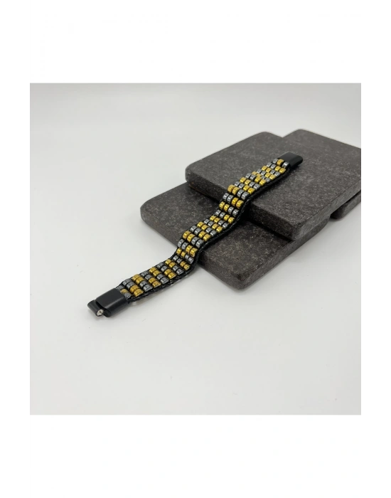 Sertifikalı Hematit Doğal Taş Tasarım Erkek Bileklik Gold ve Siyah Renk 2li Dizim