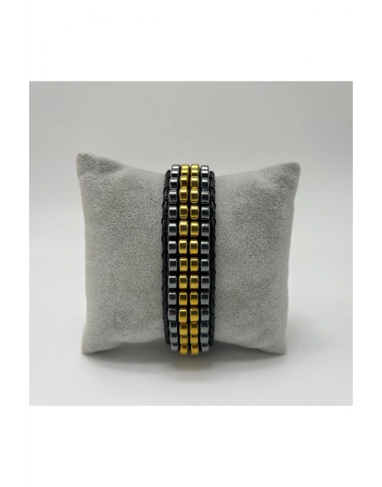 Sertifikalı Hematit Doğal Taş Tasarım Erkek Bileklik Gold ve Siyah Renk