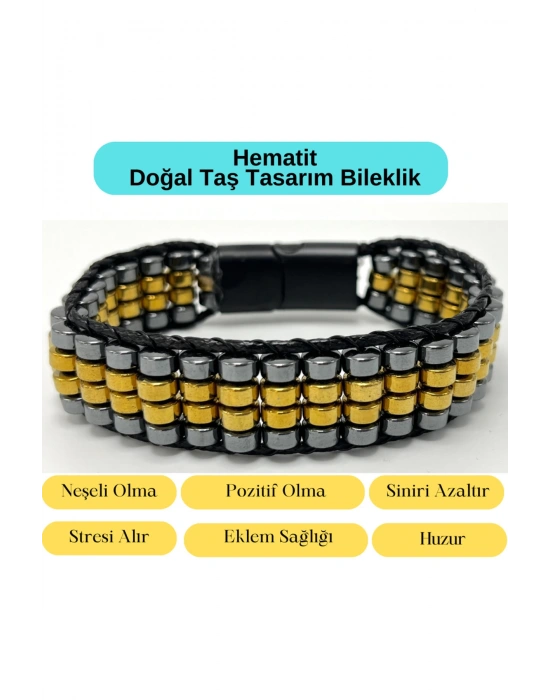 Sertifikalı Hematit Doğal Taş Tasarım Erkek Bileklik Gold ve Siyah Renk