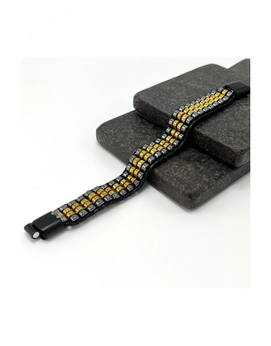 Sertifikalı Hematit Doğal Taş Tasarım Erkek Bileklik Gold ve Siyah Renk