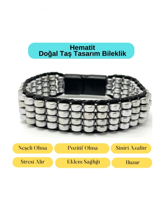 Sertifikalı Hematit Doğal Taş Tasarım Erkek Bileklik Gümüş Renk
