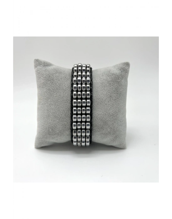 Sertifikalı Hematit Doğal Taş Tasarım Erkek Bileklik Gümüş Renk