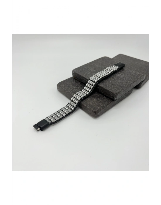 Sertifikalı Hematit Doğal Taş Tasarım Erkek Bileklik Gümüş Renk