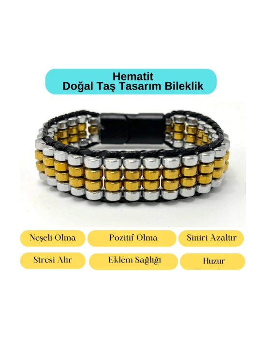 Sertifikalı Hematit Doğal Taş Tasarım Erkek Bileklik Gümüş ve Gold Renk